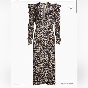 Farm Rio $230 Leopard V-Neck Midi Long Sleeve Dress